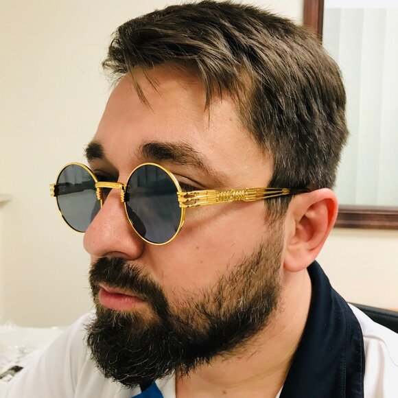 Round Black Lens Men Sunglasses Gold Frame Hip Hop Style Fashion Designer Lentes - Picture 2 of 6